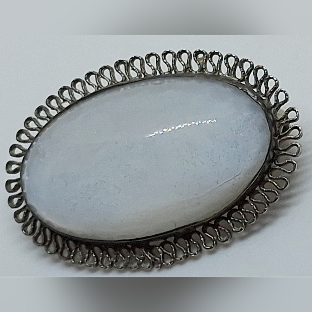 * Vintage Edwardian Sterling Silver 925 Opalescent Moonstone Glass Pin Brooch